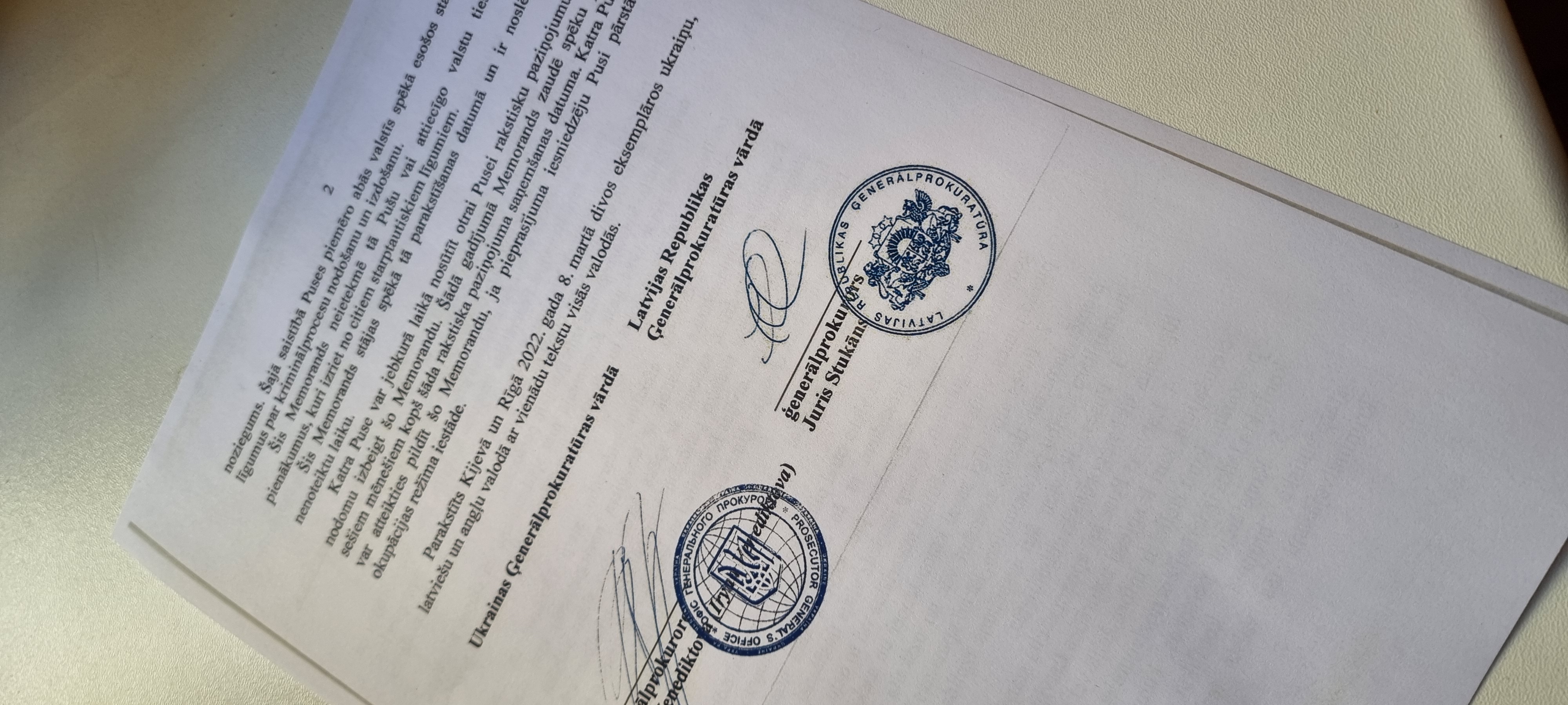 Latvijas Republikas Ģenerālprokuratūra noslēgusi Memorandu par sadarbību ar Ukrainas Ģenerālprokuratūru